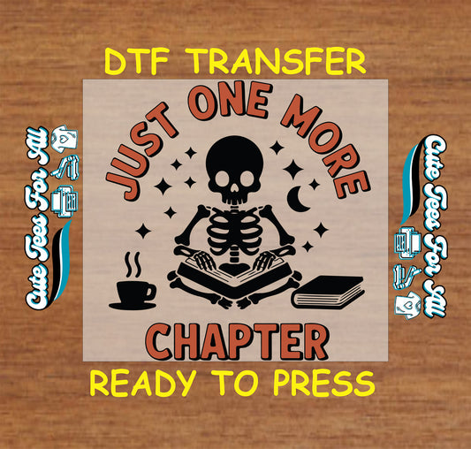 Skeleton reading with “Just One More Chapter” quote and stars.