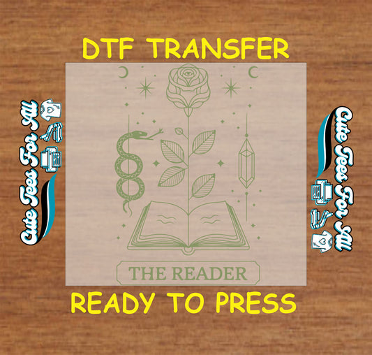Green line art DTF with rose, snake, crystal, and open book.