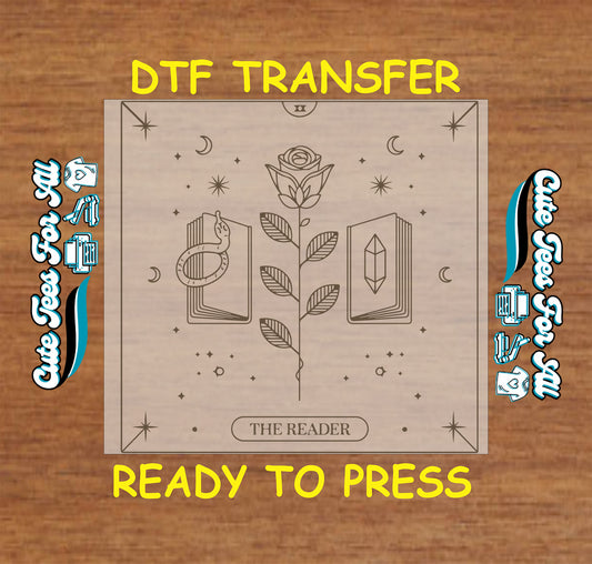 Neutral line art DTF with rose, snake, crystals, and open books.