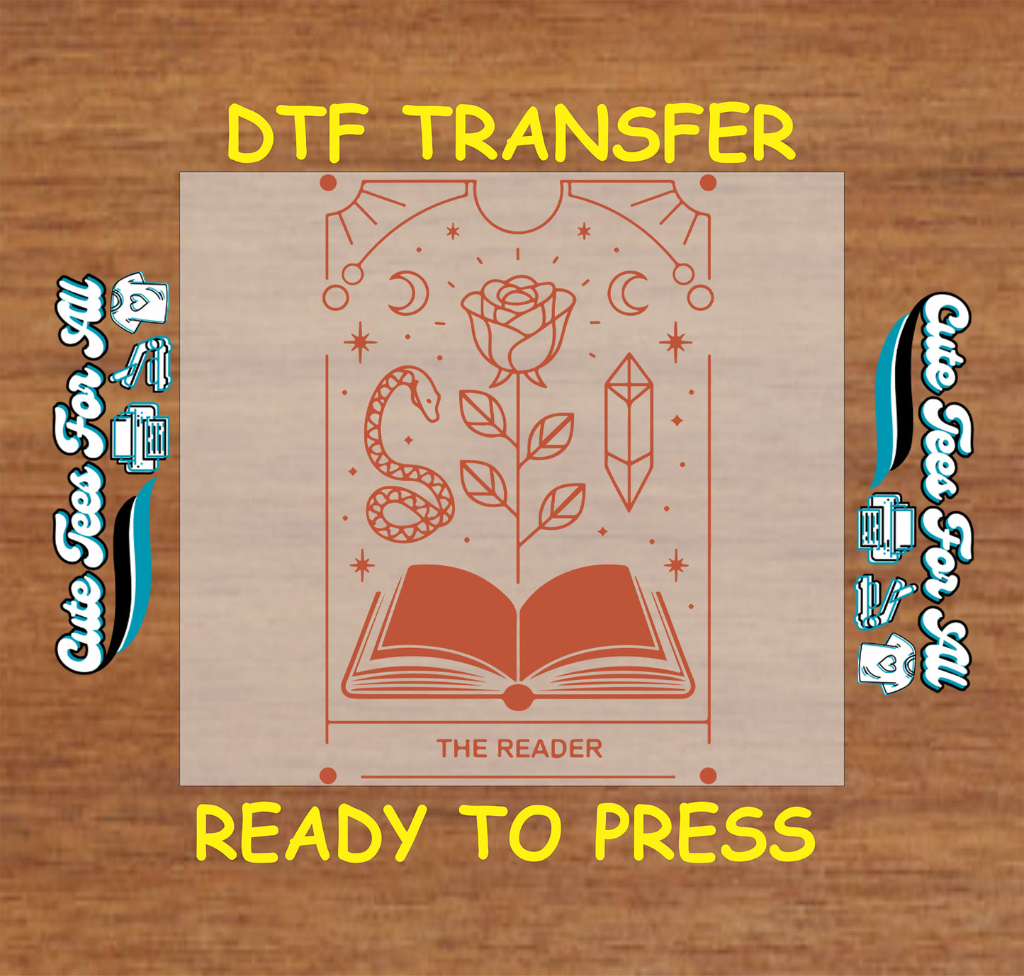 Terracotta DTF with rose, snake, crystal, and celestial accents.
