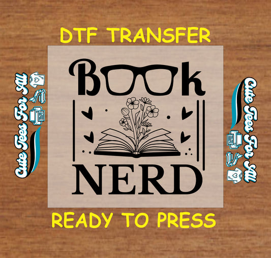 Book Nerd text with glasses, open book, and flowers sprouting from pages.