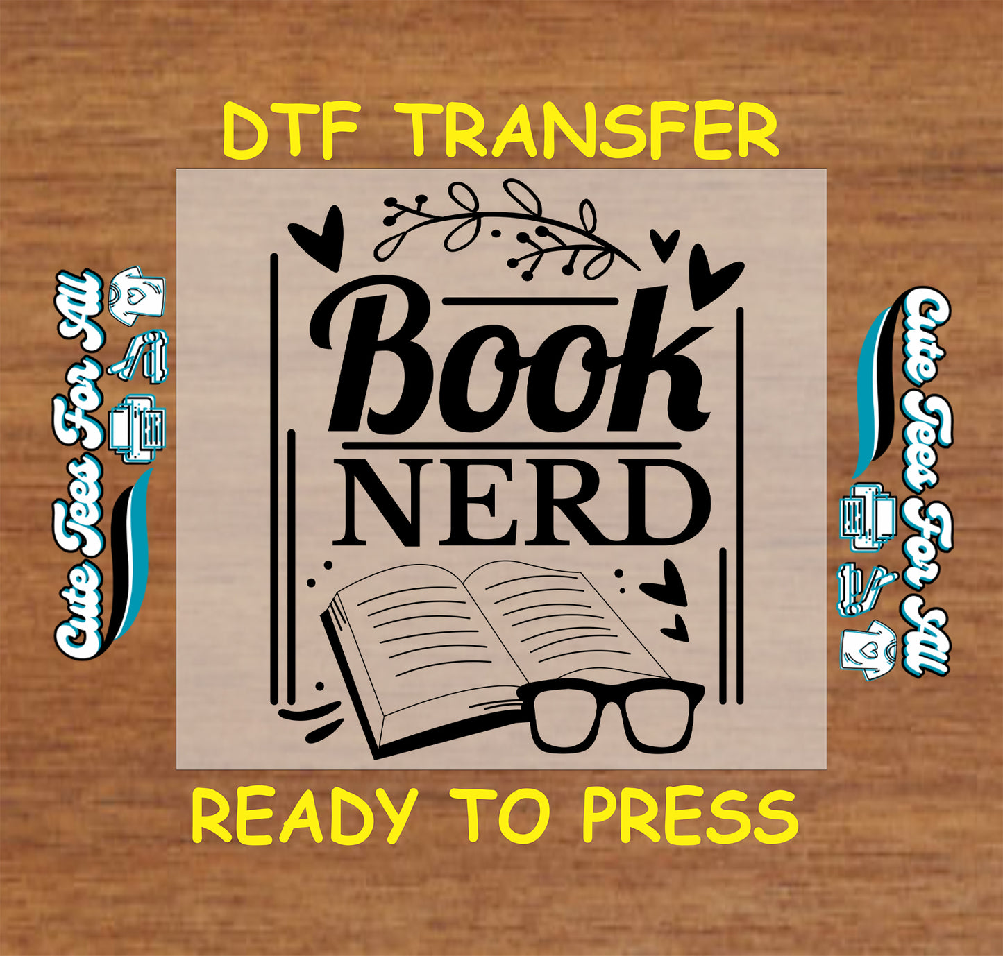 Book Nerd text with open book, reading glasses, hearts, and leafy branches.