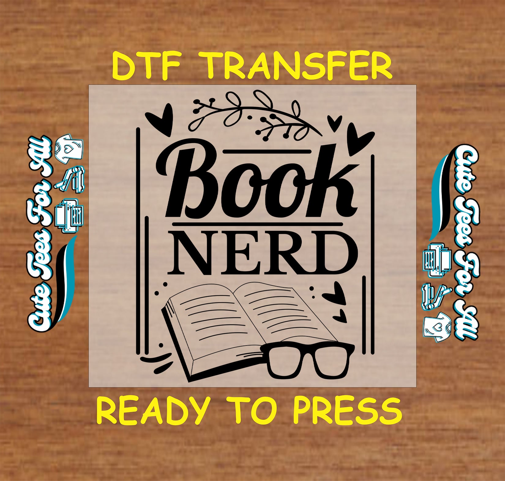 Book Nerd text with open book, reading glasses, hearts, and leafy branches.