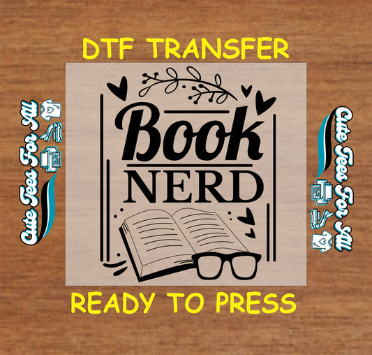 Book Nerd text with open book, reading glasses, hearts, and leafy branches.