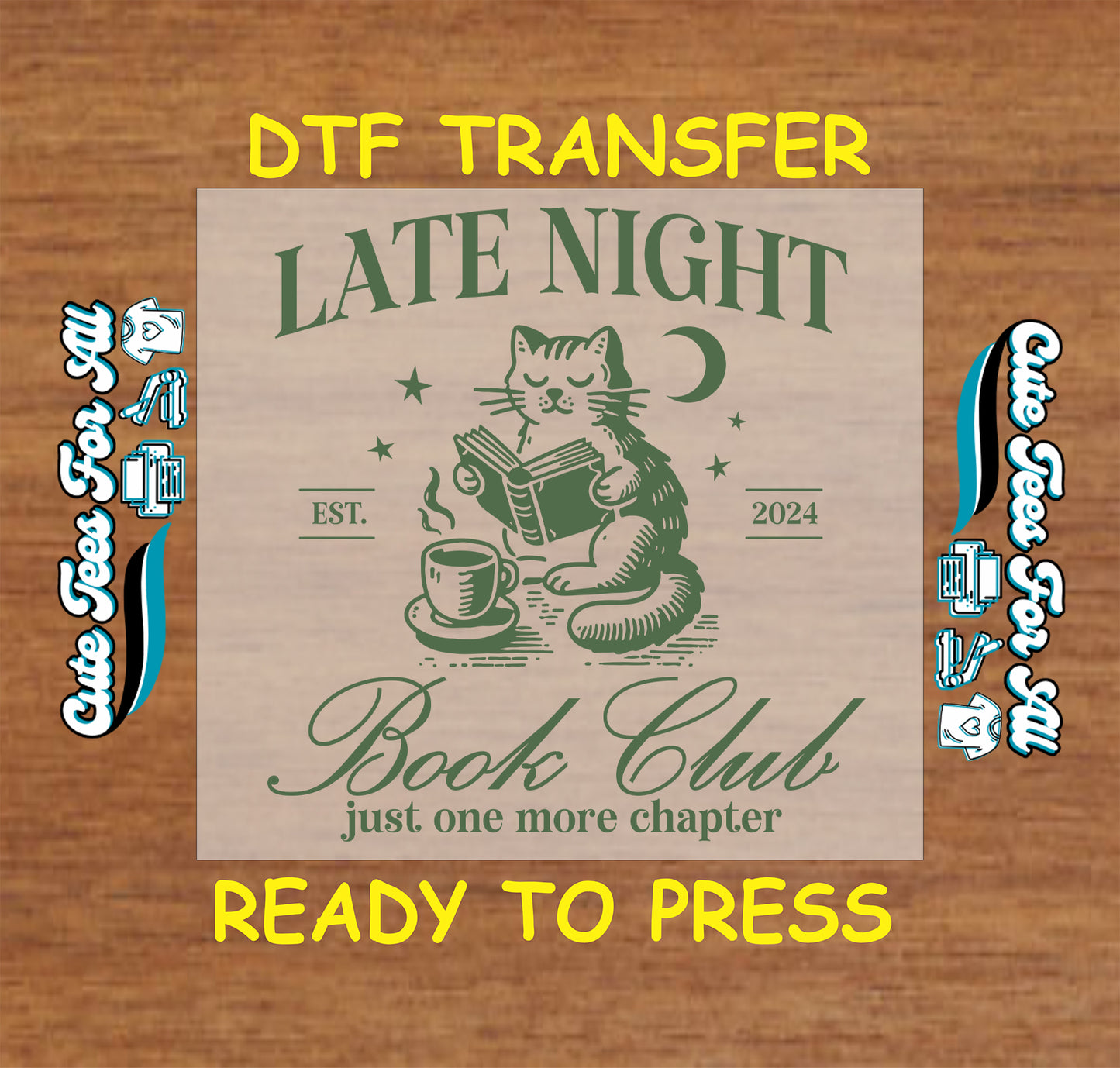 Late Night Book Club DTF transfer with cat reading, coffee mug, moon, and stars.
