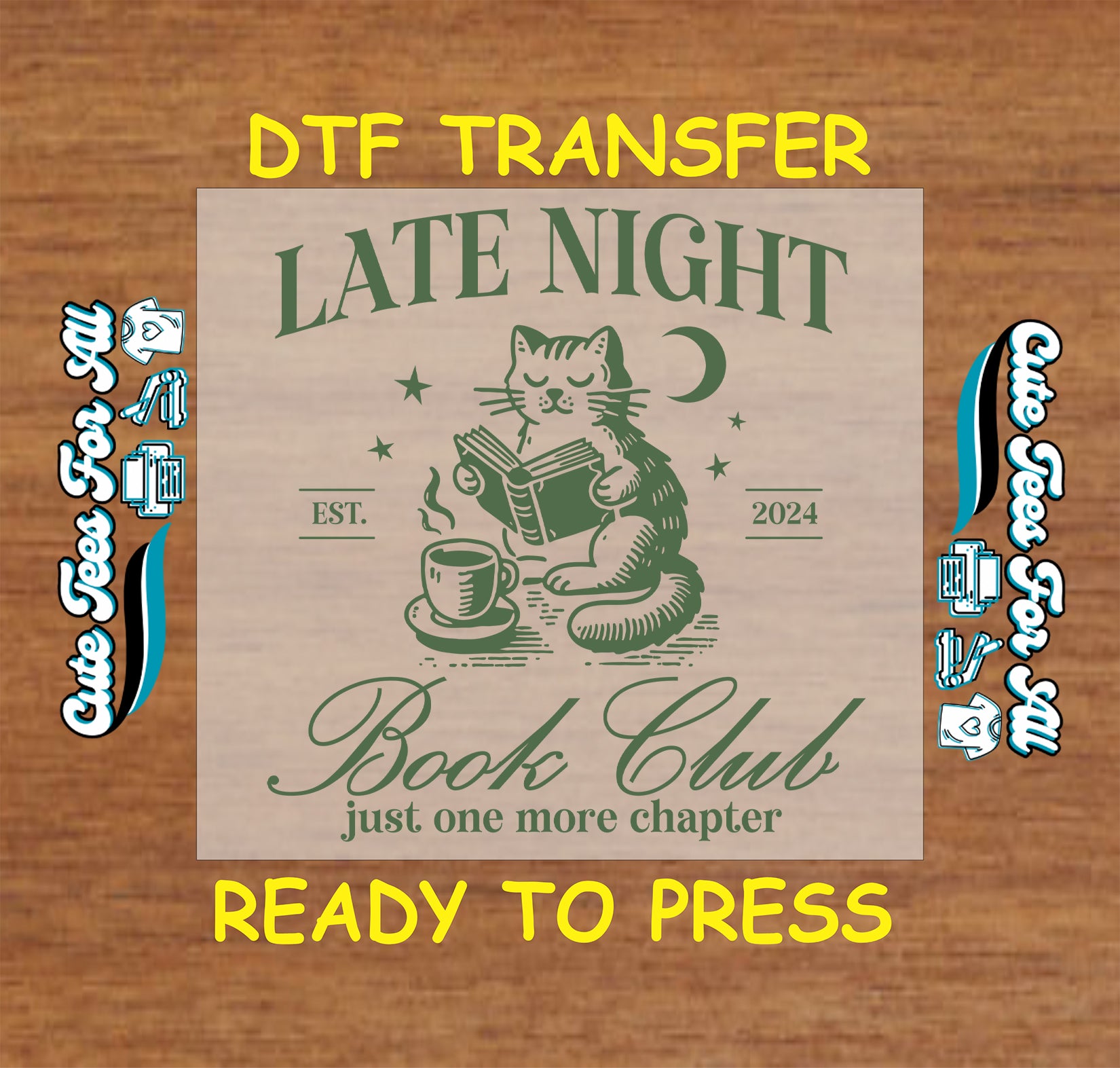 Late Night Book Club DTF transfer with cat reading, coffee mug, moon, and stars.