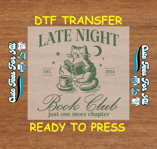 Late Night Book Club DTF transfer with cat reading, coffee mug, moon, and stars.