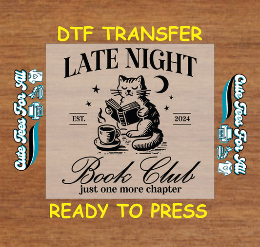 Late Night Book Club DTF transfer with cat reading a book and moon.