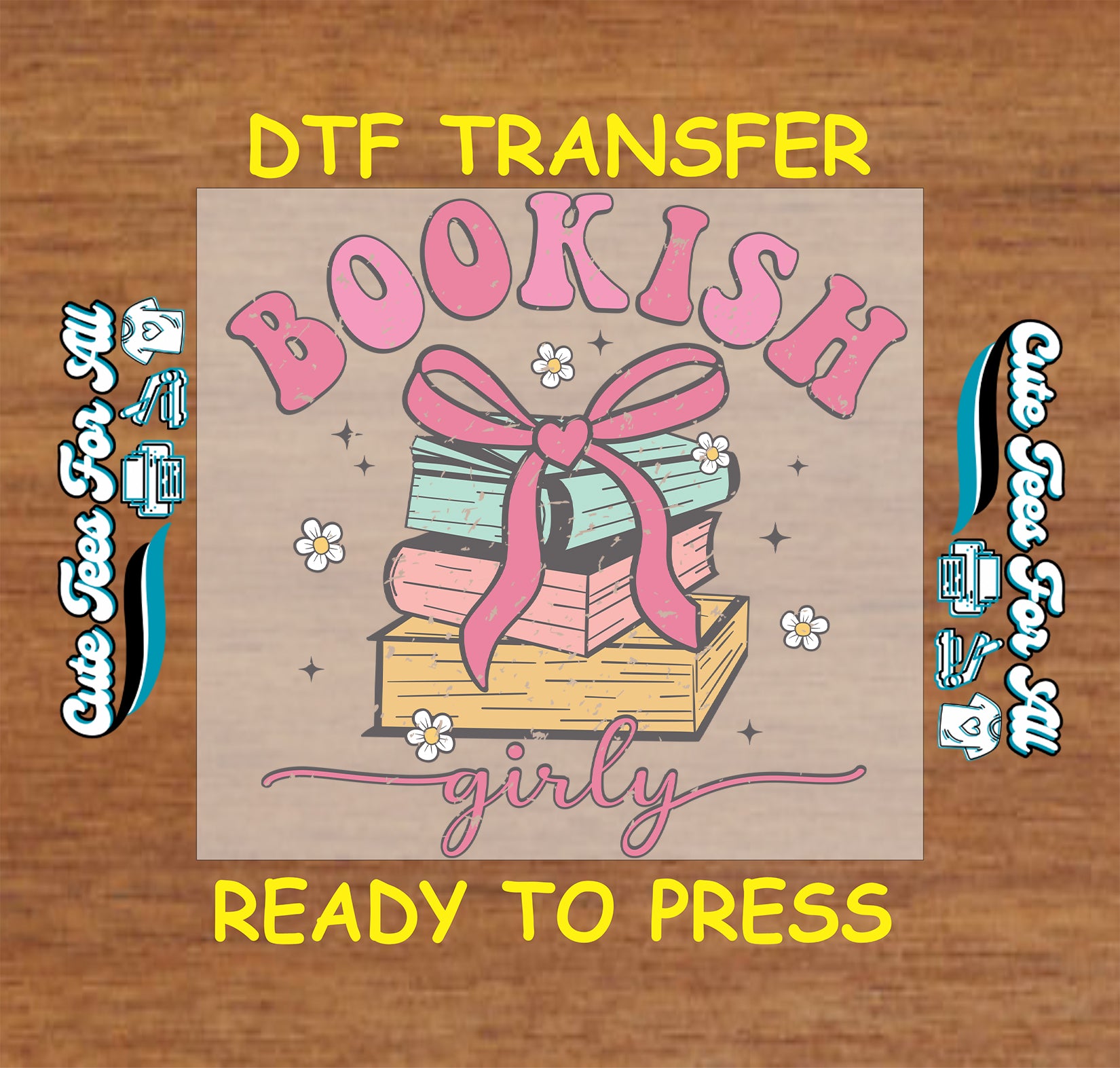 BOOKISH girly DTF transfer with pastel book stack, pink bow, and daisies.