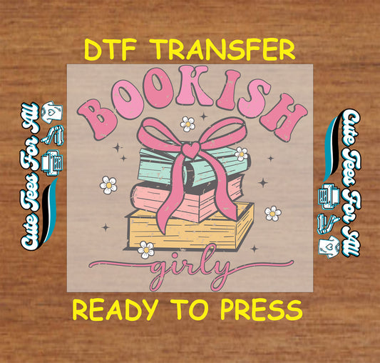 BOOKISH girly DTF transfer with pastel book stack, pink bow, and daisies.