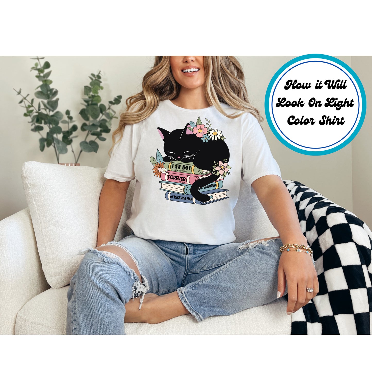 Book Lover DTF Transfer Iron On Heat Transfer - Ready to Press, Sleeping Black Cat on Book Stack DTF Transfer 8657
