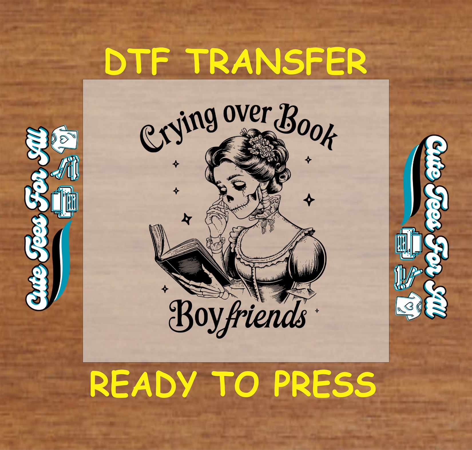 Black and white skeleton woman crying while reading a book DTF transfer.