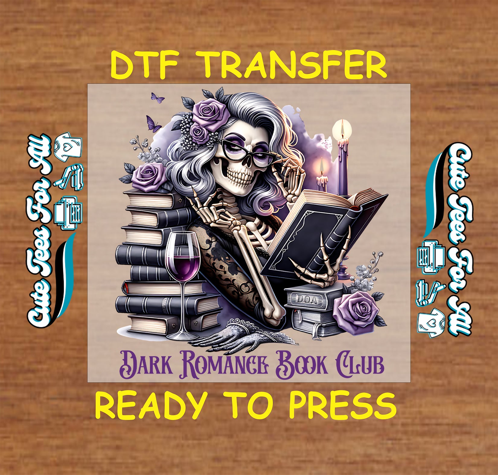 Skeleton woman reading with purple roses, candles, and wine labeled Dark Romance Book Club.