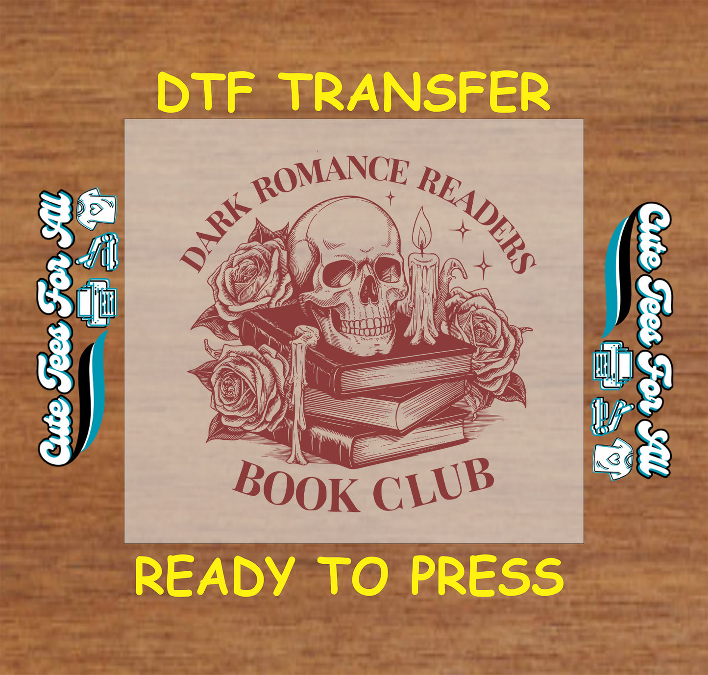 Skull with roses and candles on stacked books labeled Dark Romance Readers Book Club.