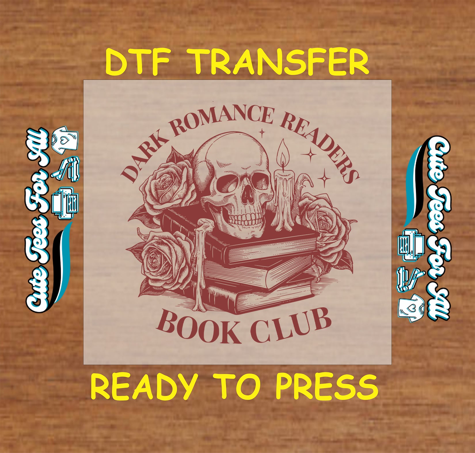 Skull with roses and candles on stacked books labeled Dark Romance Readers Book Club.