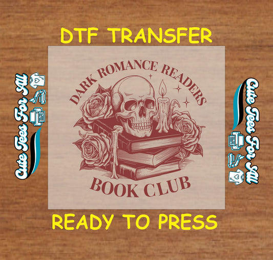 Skull with roses and candles on stacked books labeled Dark Romance Readers Book Club.