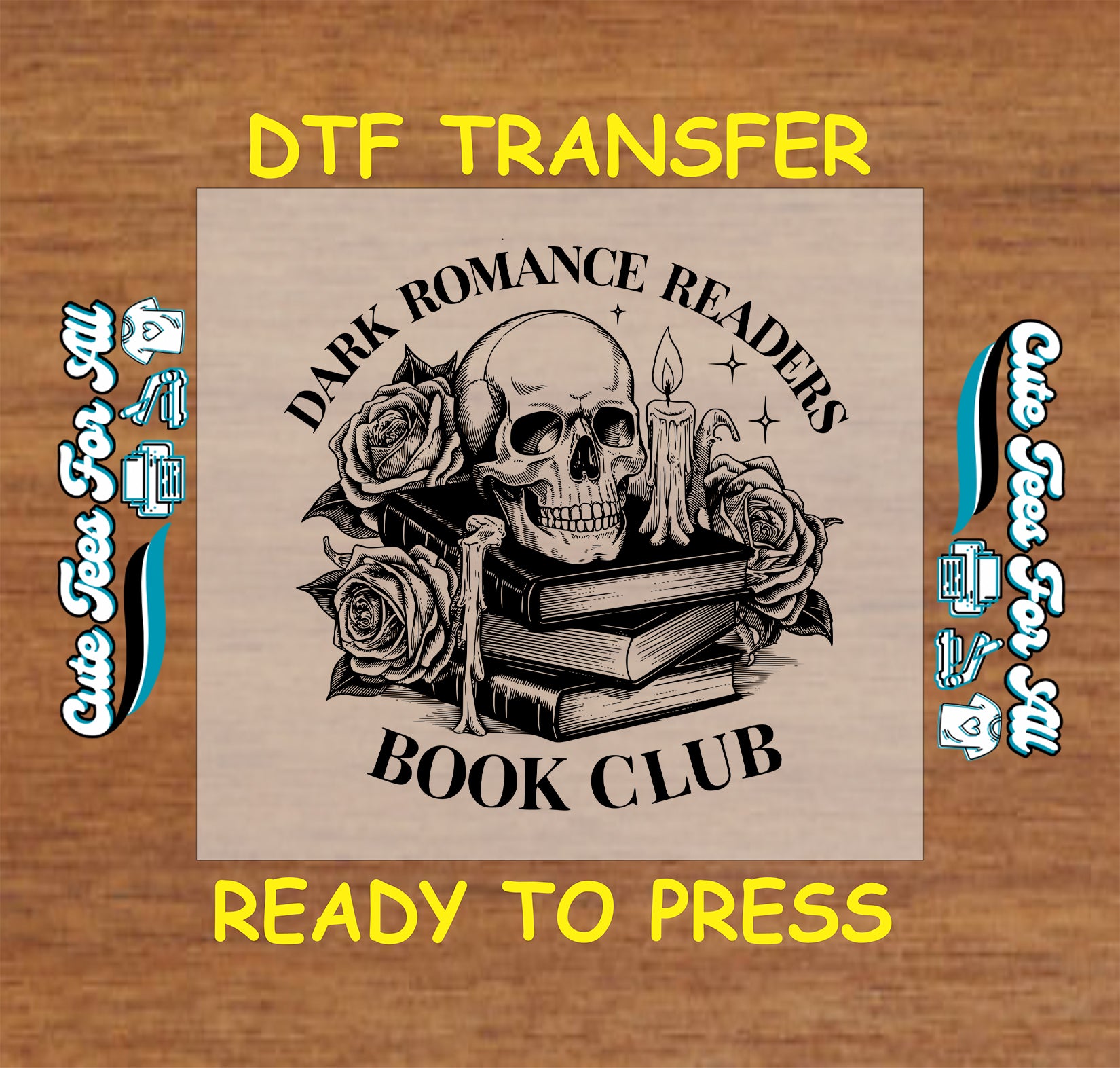 Black and white skull with roses and candles on books labeled Dark Romance Readers Book Club.