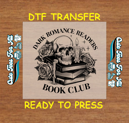 Black and white skull with roses and candles on books labeled Dark Romance Readers Book Club.