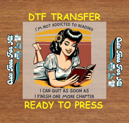 Retro pinup girl reading a book with the quote “I’m not addicted to reading”