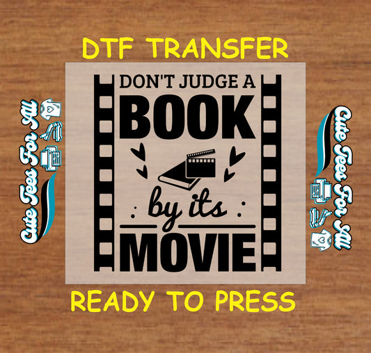 Book and clapperboard with film strip border and quote “Don’t judge a book by its movie”