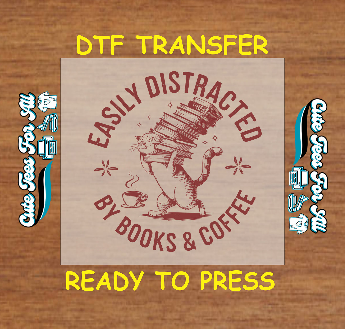 Cat carrying book stack with “Easily Distracted by Books & Coffee” quote