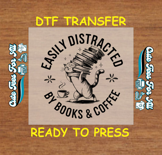 Black ink cat carrying books with “Easily Distracted by Books & Coffee” quote.
