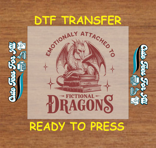 Red dragon sitting on books with “Emotionally Attached to Fictional Dragons” quote