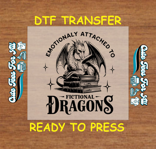Black-and-white dragon sitting on books with “Emotionally Attached to Fictional Dragons” quote.