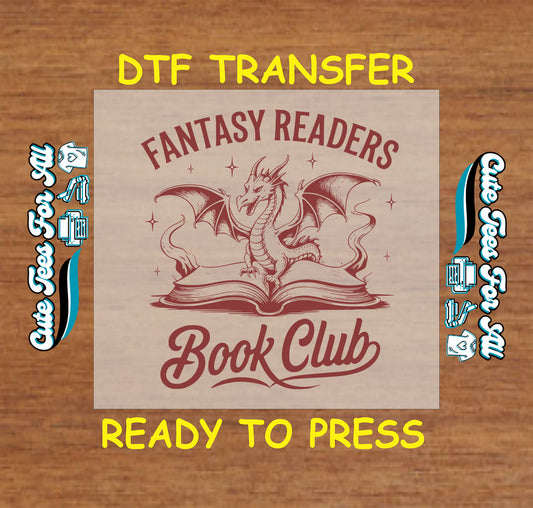 Red dragon on open book with “Fantasy Readers Book Club” quote.