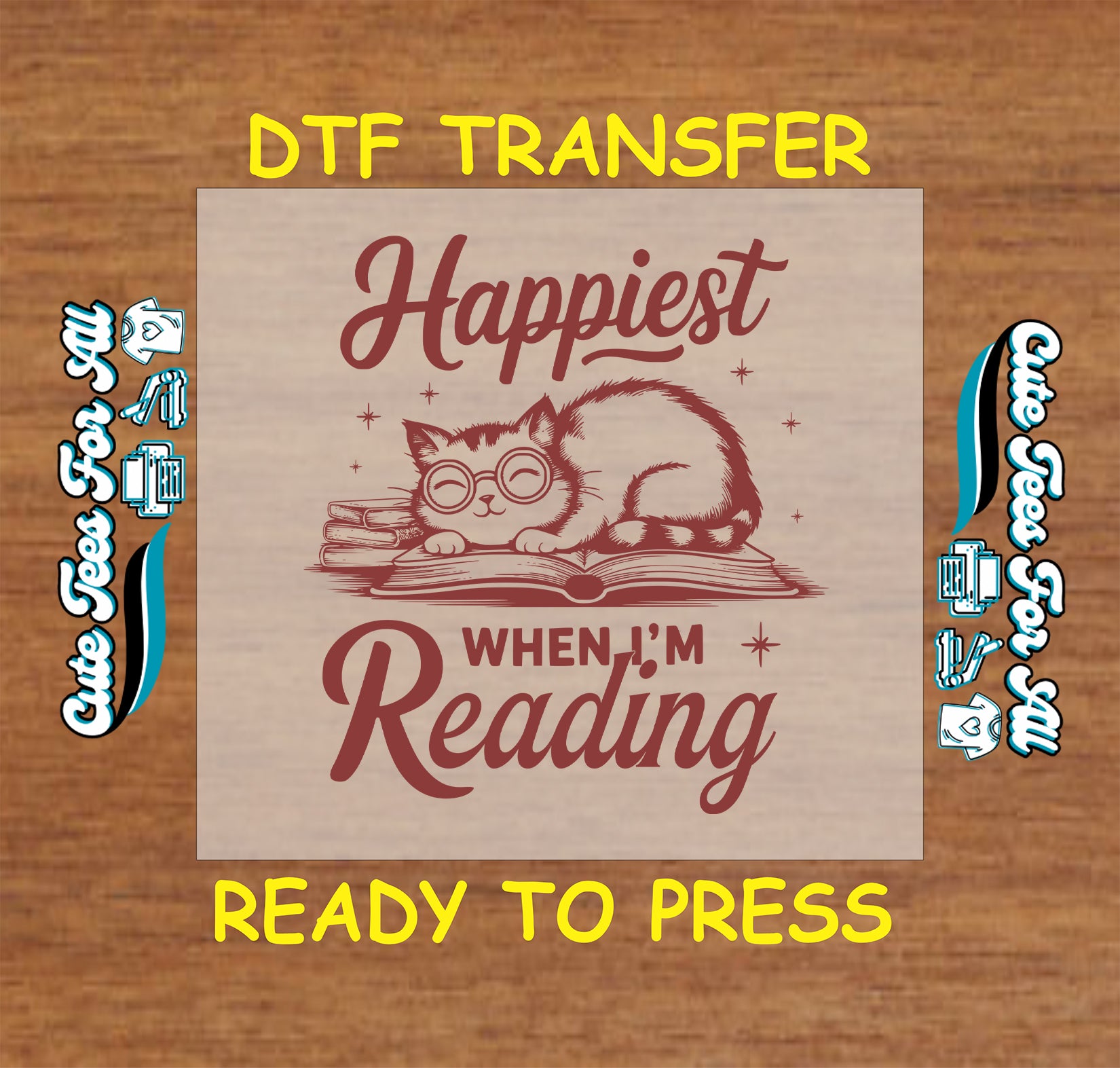 Cat with glasses laying on books with the phrase “Happiest When I’m Reading”