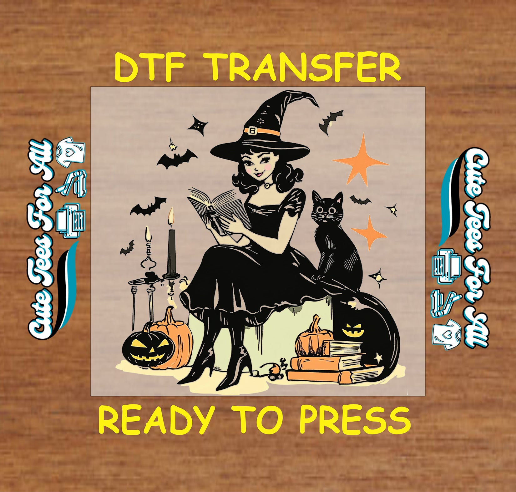 Halloween DTF transfer of a witch reading a book with pumpkins, cat, and bats