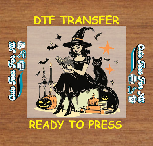 Halloween DTF transfer of a witch reading a book with pumpkins, cat, and bats