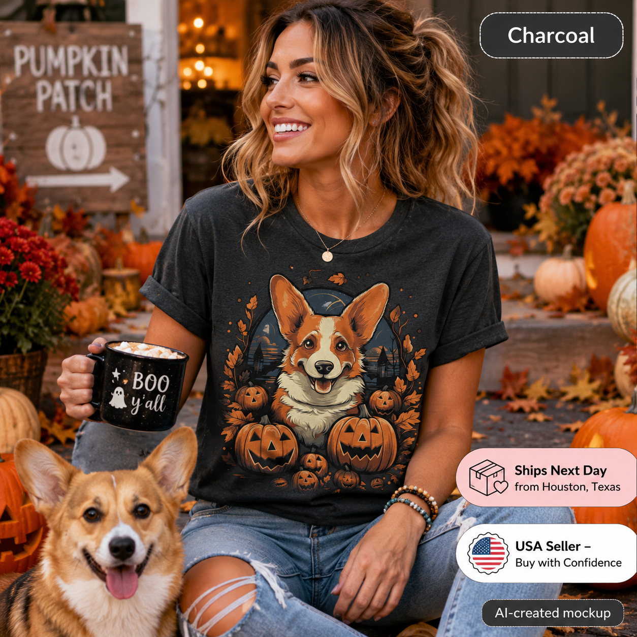 A woman wearing a charcoal graphic t-shirt with a corgi and jack-o'-lantern print, sitting in a fall-themed outdoor setting with a corgi dog and a mug of hot chocolate. The image includes promotional badges for shipping and seller status.