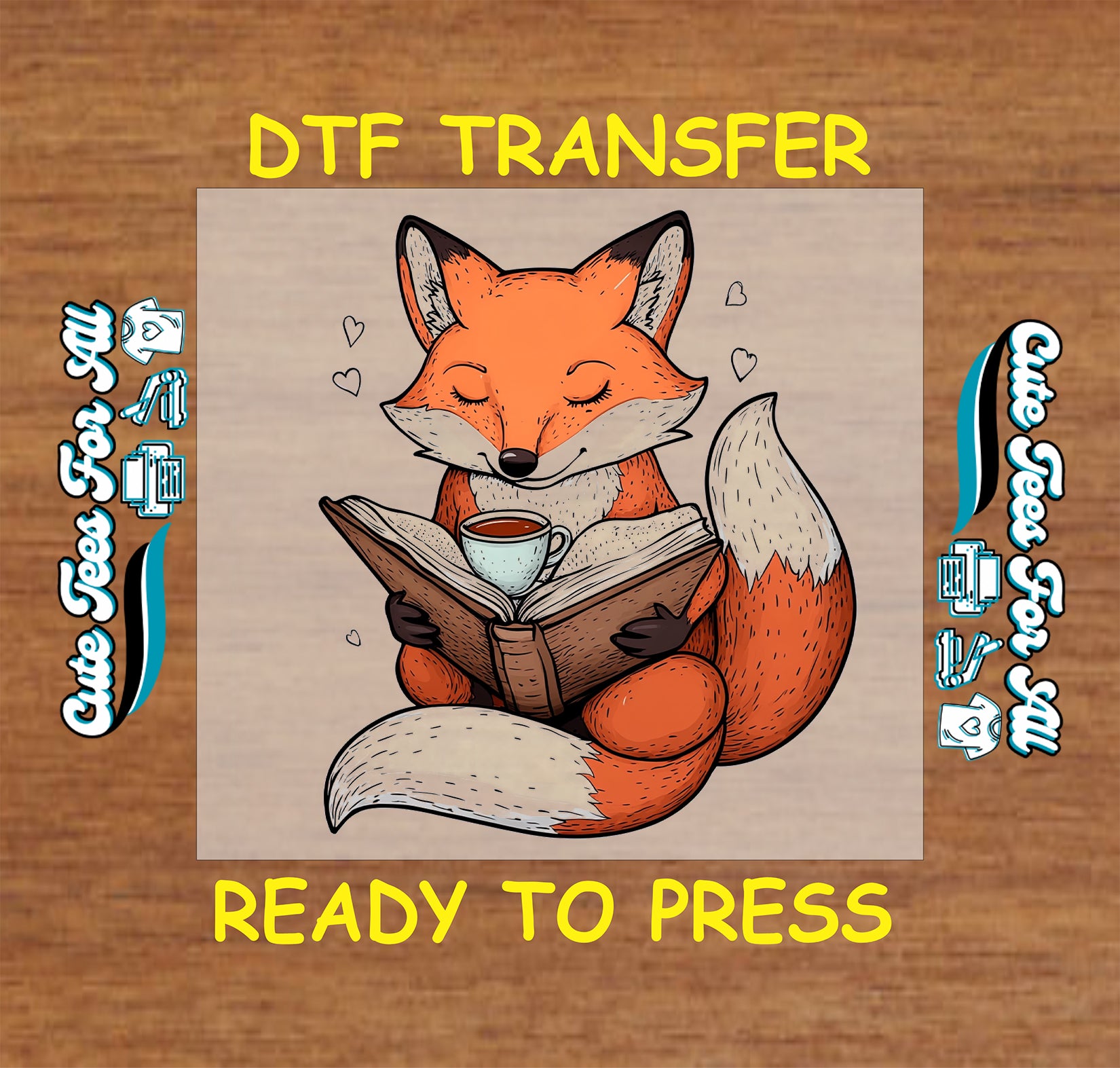 DTF transfer of a cute fox reading a book with a coffee cup