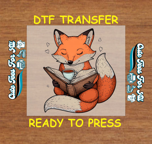 DTF transfer of a cute fox reading a book with a coffee cup