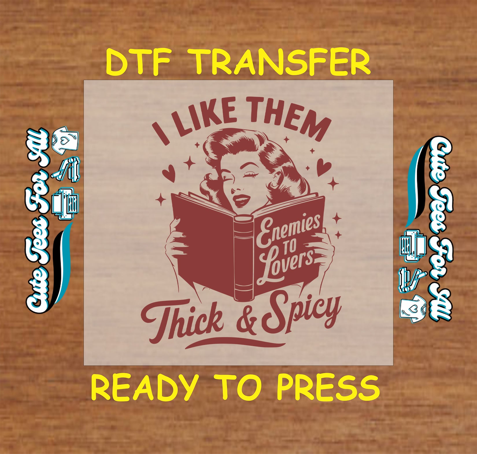 Retro woman reading a book labeled “Enemies to Lovers” with “Thick & Spicy” text.