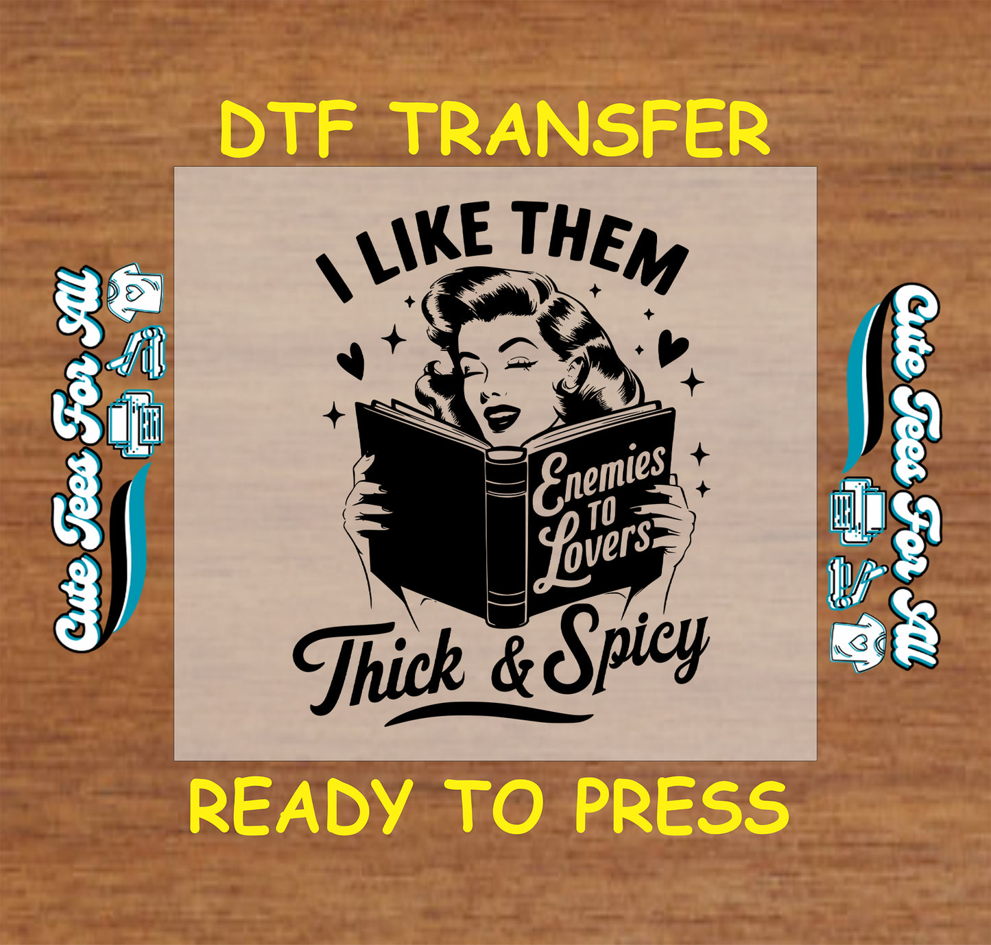 Black and white retro woman reading “Enemies to Lovers” book with “Thick & Spicy” text.