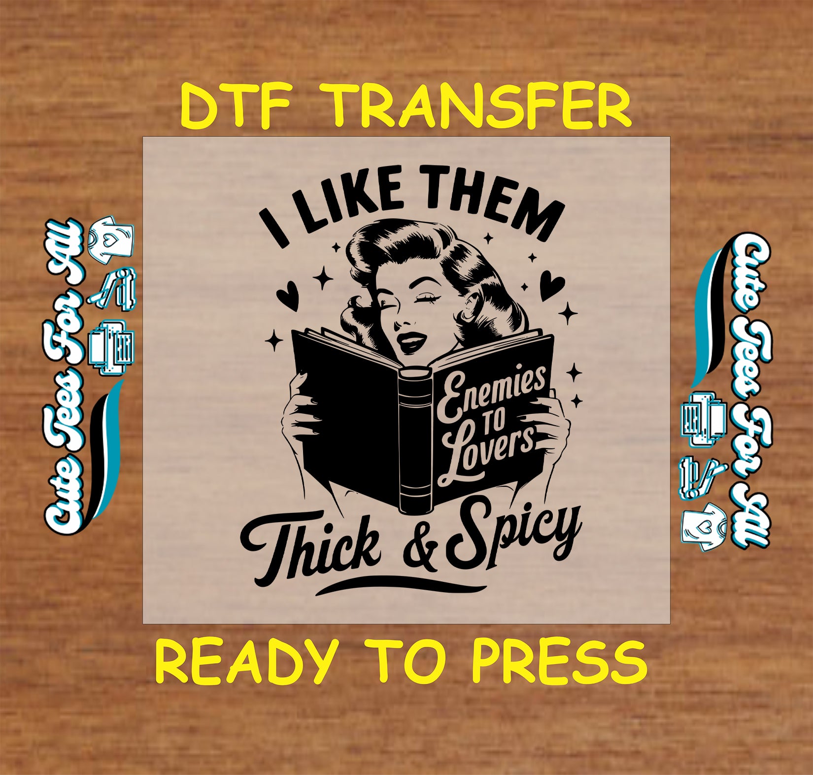 Black and white retro woman reading “Enemies to Lovers” book with “Thick & Spicy” text.