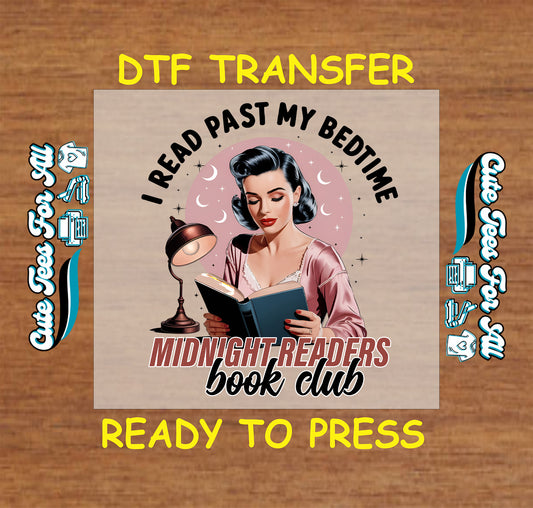 Vintage woman reading a book by lamp with "I Read Past My Bedtime – Midnight Readers Book Club"