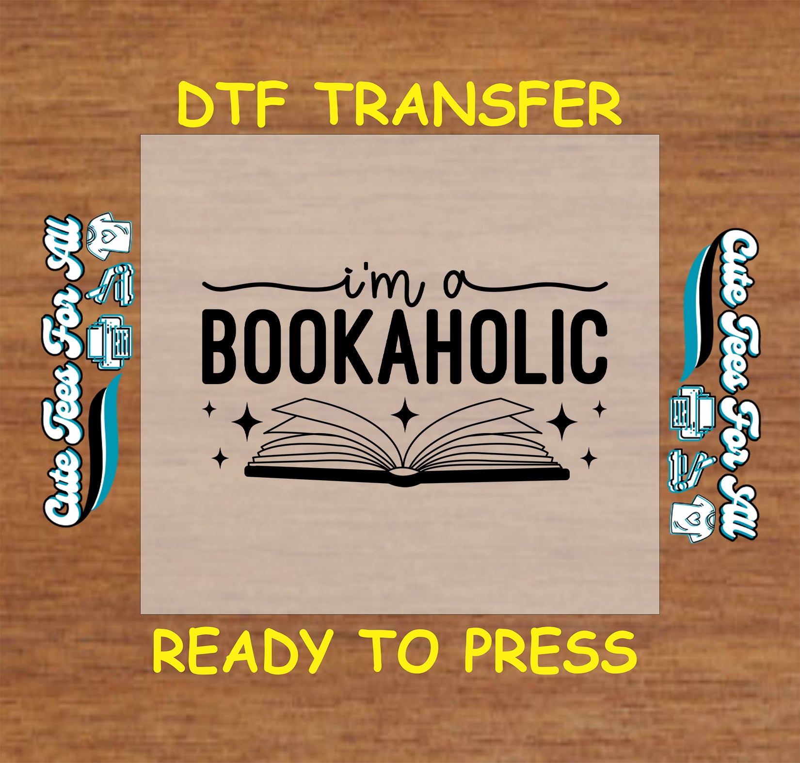 Open book with sparkles and text that says “I'm a Bookaholic” in bold font.