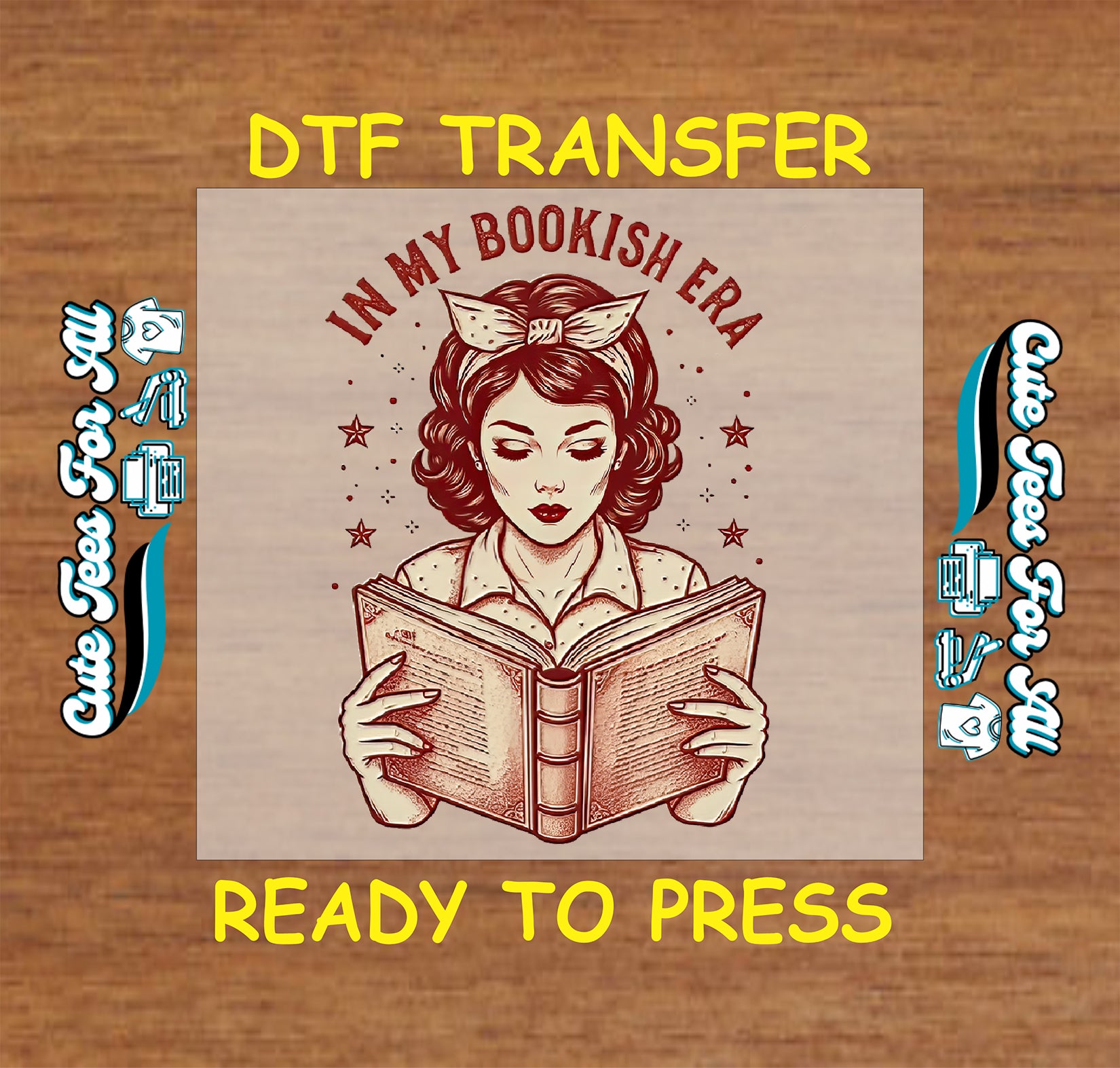 Retro-style DTF transfer with woman reading a book and text that says "In My Bookish Era"