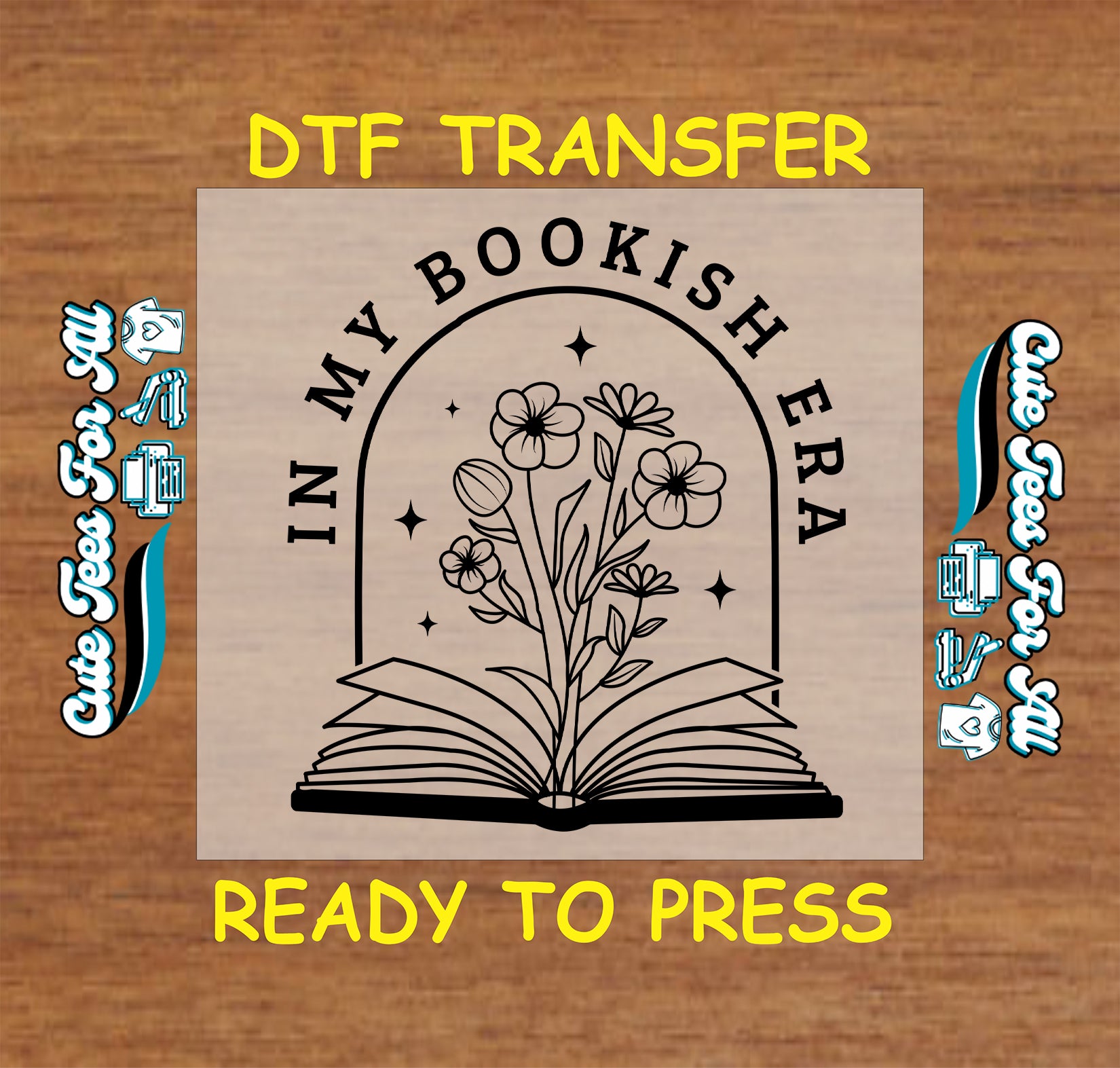Minimal floral DTF transfer with open book and text that says "In My Bookish Era"