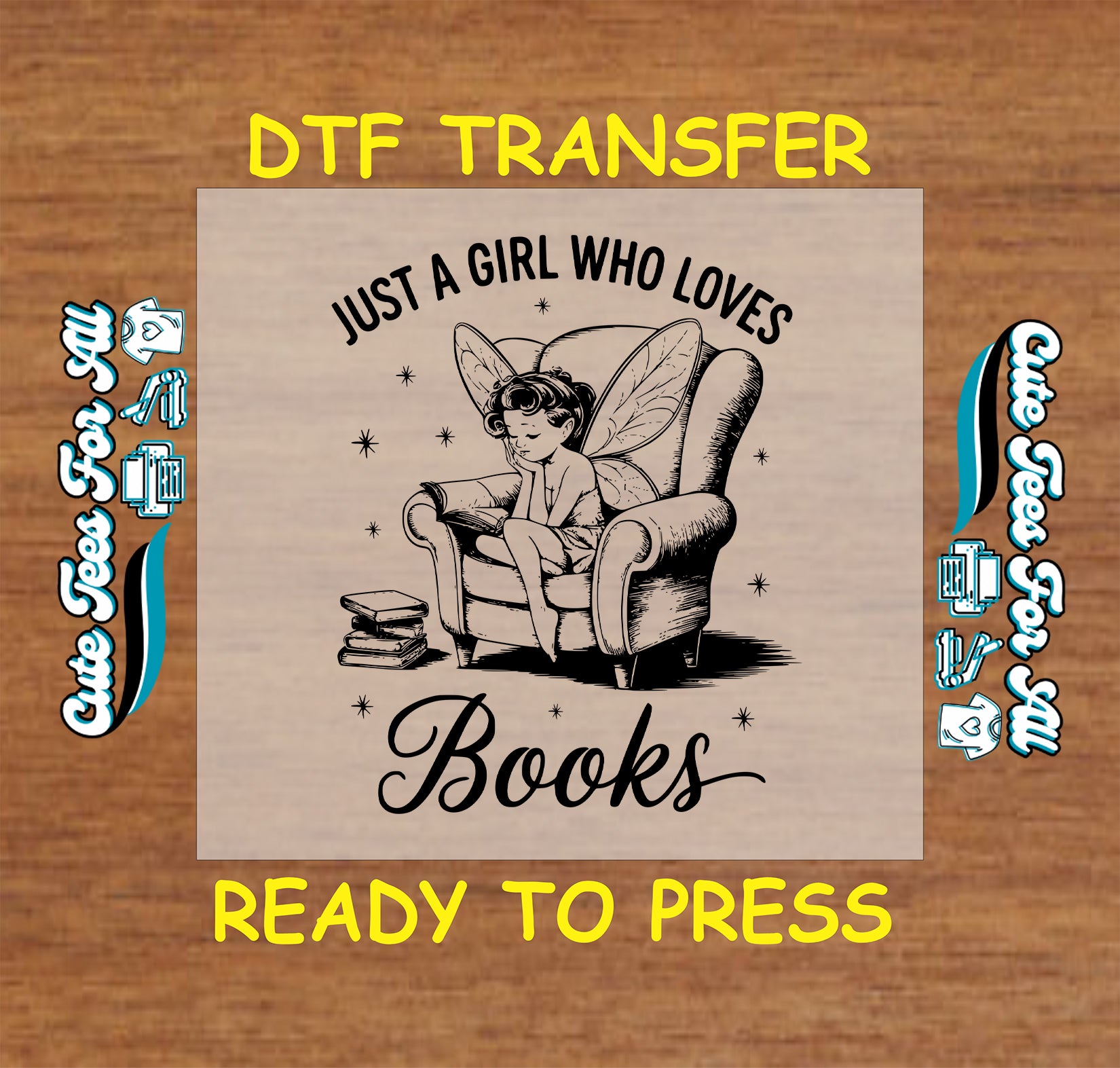 Black and white DTF transfer of fairy girl reading on a chair with stack of books and stars.