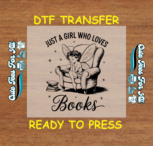 Black and white DTF transfer of fairy girl reading on a chair with stack of books and stars.