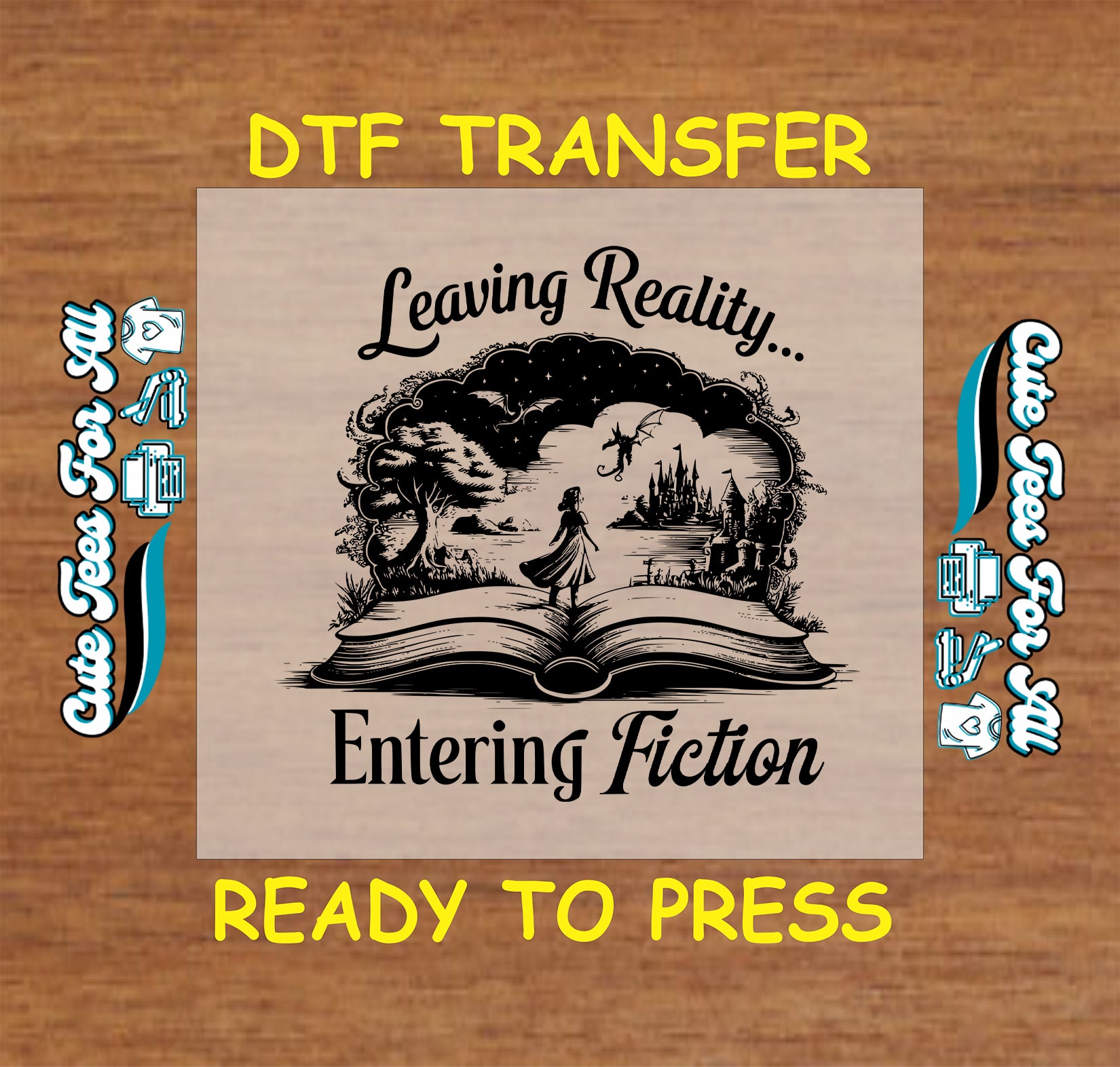Black-and-white DTF transfer of a woman walking into a fantasy world from an open book with castles and dragons.