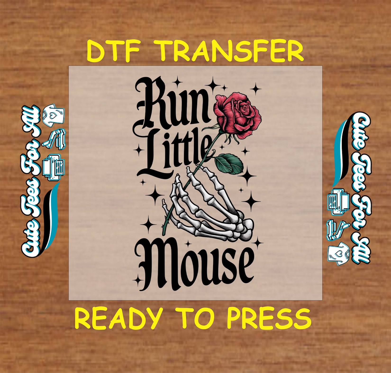 Skeleton hand holding red rose with gothic text “Run Little Mouse” and sparkles.