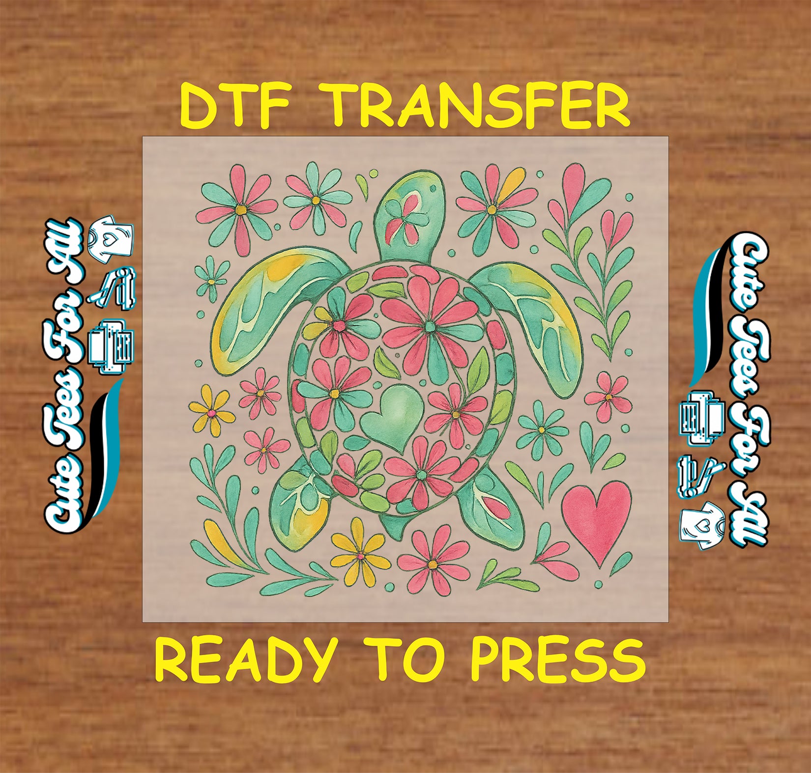 DTF transfer of sea turtle made of pink, green, and yellow flowers with hearts and tropical leaves.