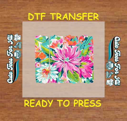 DTF transfer with bold pink, teal, and orange flowers arranged in vertical panel format.