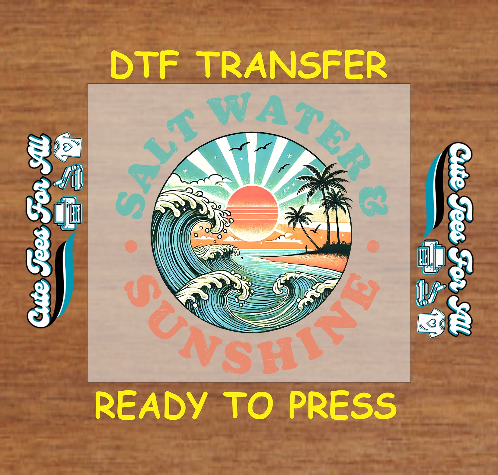 Colorful Salt Water & Sunshine DTF transfer with retro waves, sunset, and palm trees.
