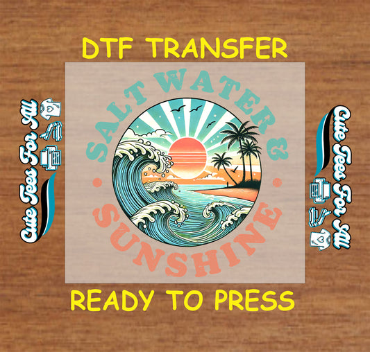 Colorful Salt Water & Sunshine DTF transfer with retro waves, sunset, and palm trees.